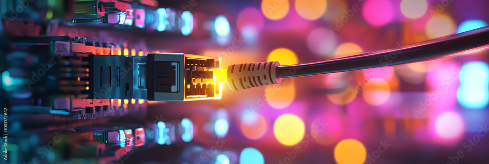 Poster closeup of an internet cable being plugged into the back end of a network switch, with a computer ro