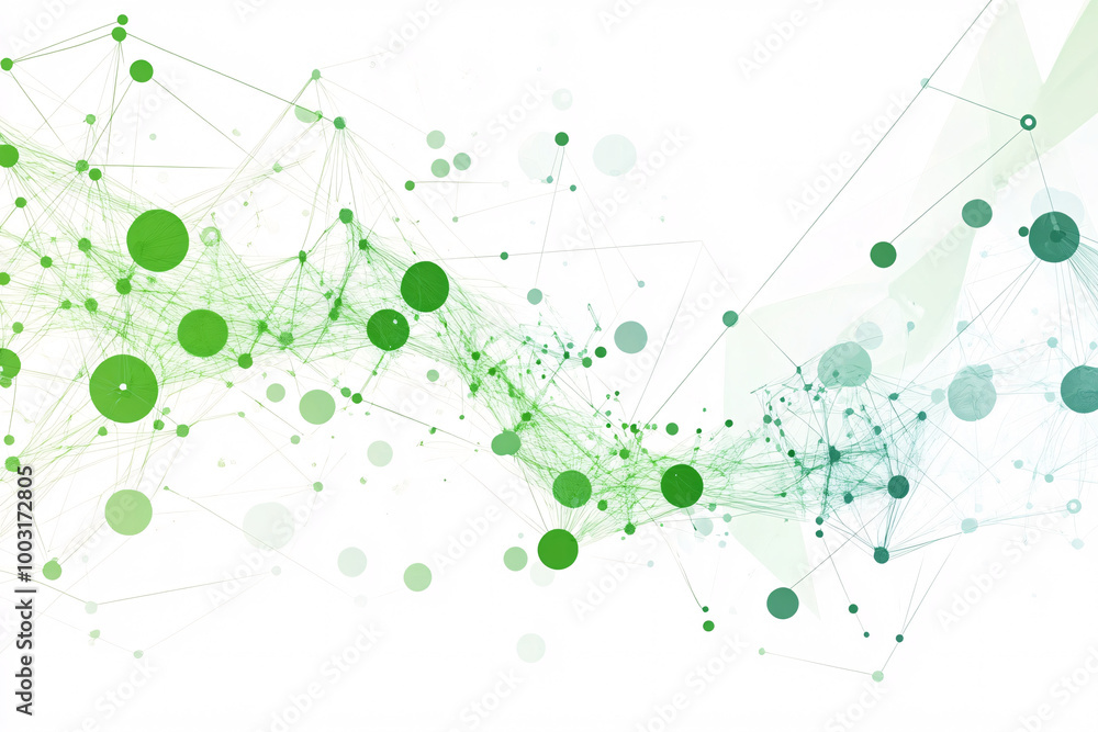 Poster an abstract green and white digital network featuring interconnected dots and lines flowing diagonal