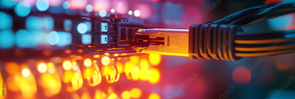 Poster closeup of an internet cable being plugged into the back end of a network switch, with a computer ro
