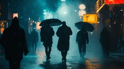 A cinematic scene set in a dark, futuristic city with towering skyscrapers, neon lights, and rain-soaked streets. The vibrant glow of technology illuminates a cyberpunk world where humanity & machine