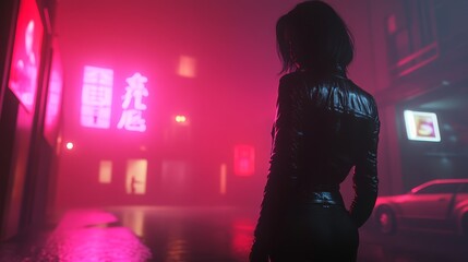 A cinematic scene set in a dark, futuristic city with towering skyscrapers, neon lights, and rain-soaked streets. The vibrant glow of technology illuminates a cyberpunk world where humanity & machine