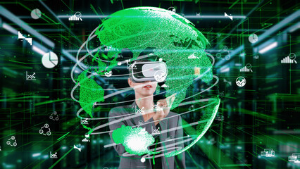 Woman selecting data dynamic market rotating green world distributing analysis by VR future global innovation interface digital infographic network technology virtual hologram animation. Contraption.