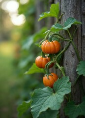 Small Pumpkins Growing on Vine: Autumn Harvest
