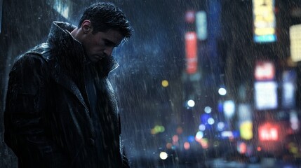 A cinematic scene set in a dark, futuristic city with towering skyscrapers, neon lights, and rain-soaked streets. The vibrant glow of technology illuminates a cyberpunk world where humanity & machine