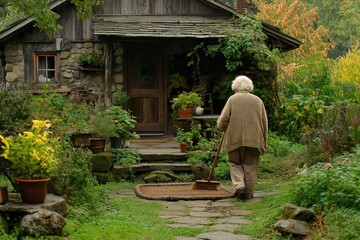 A woman in a cozy sweater sweeping around a doormat at her charming cottage surrounded by lush greenery and vibrant flowers in the early morning light