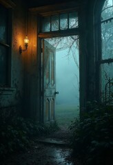 Obraz premium Open Door of Abandoned House in Fog: Spooky and Eerie Scene