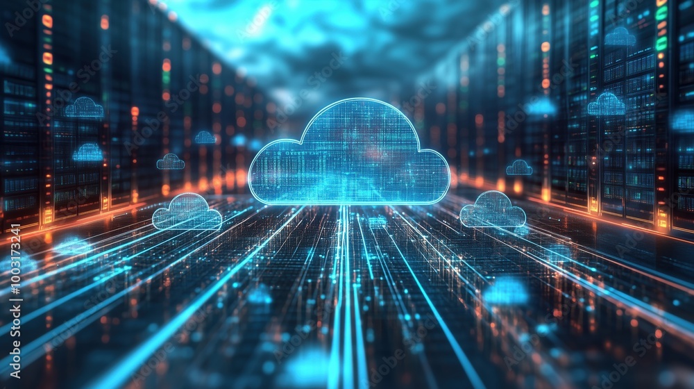 Poster cloud computing technology, digital data flow, server room