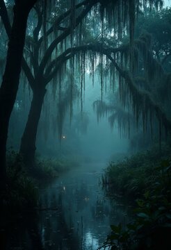 Dark and Foggy Swamp with Spanish Moss: Spooky and Eerie Scene