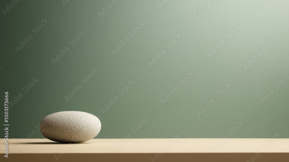 Poster a smooth stone is positioned on a wooden shelf creating a peaceful atmosphere in the space