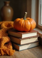 Pumpkin on Stack of Books by Window: Autumn Still Life