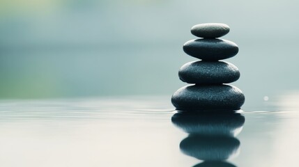Smooth stones perched atop calm water fostering a peaceful relaxing vibe
