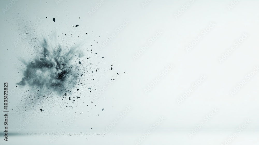 Poster a captivating burst of gray smoke and particles erupts in a stark and empty setting