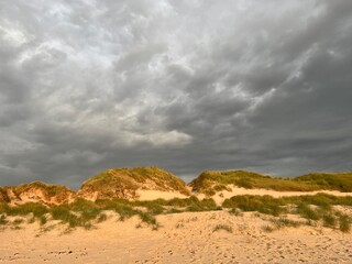 Dune panorama on the North Sea with a restless, gloomy sky