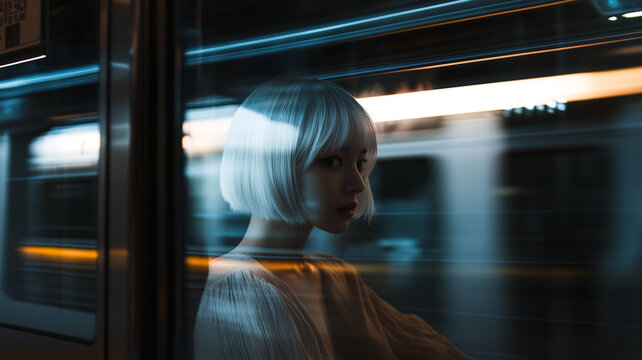 A beautiful young asian woman rides on a subway or public transit in Tokyo. A cinematic view of a japanese female with short white or blonde hair in an urban ennui cool blue scene with motion, mood - Powered by Adobe