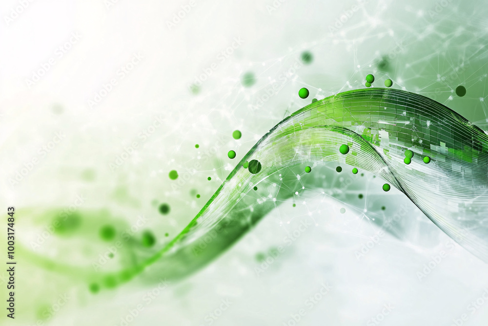 Poster abstract green translucent wave filled with small particles flowing gracefully across a soft white a