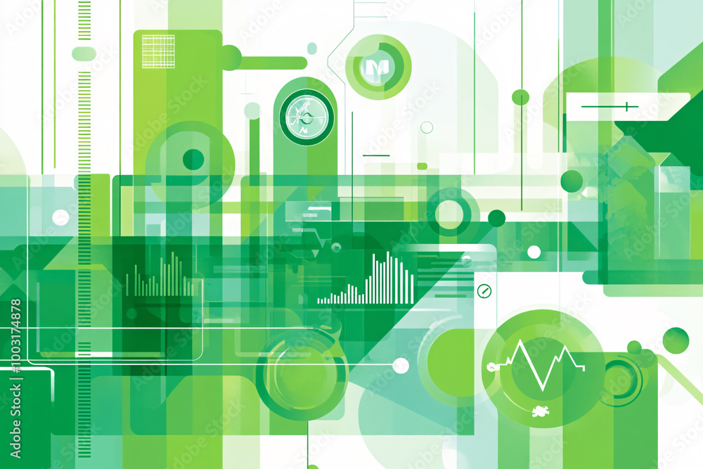 Poster a modern green abstract design featuring geometric shapes and digital elements arranged in a layered