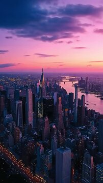 Slow motion, vertical video montage of the sunset changing over the manhattan, new york city skyline