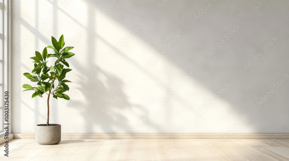 Poster bright sunlight pours through windows illuminating the greenery and creating calming shadows