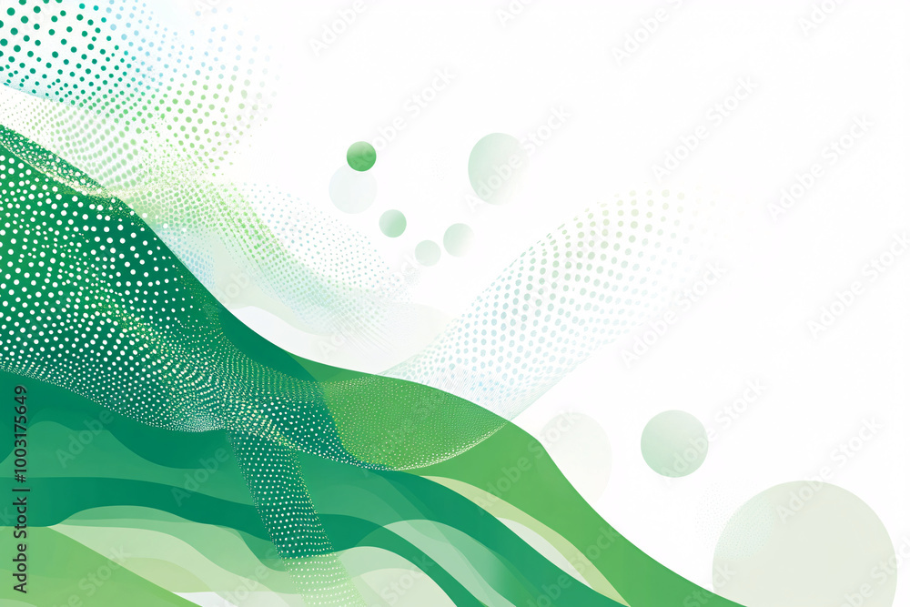 Poster abstract green waves and dotted patterns flowing across a clean white background
