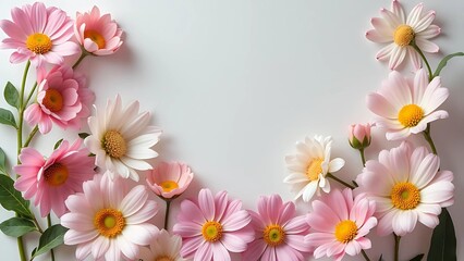 Fototapeta premium A semi-circle arrangement of pink and white daisies with yellow centers laid out on a light background
