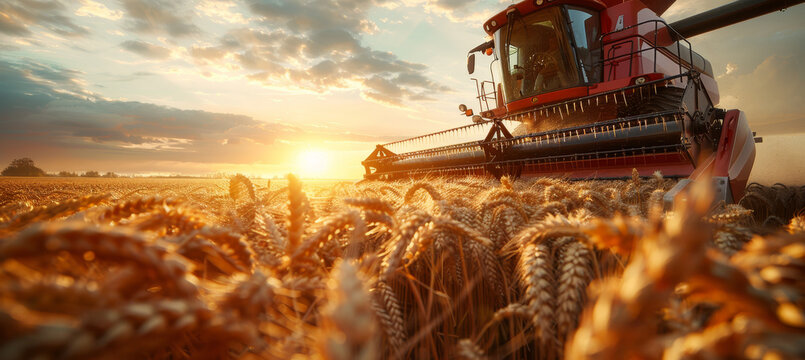 Modern industrial combine harvester harvesting wheat on an agricultural field at sunset. The scene captures the essence of agriculture during summertime, with golden wheat fields and a dramatic sunset