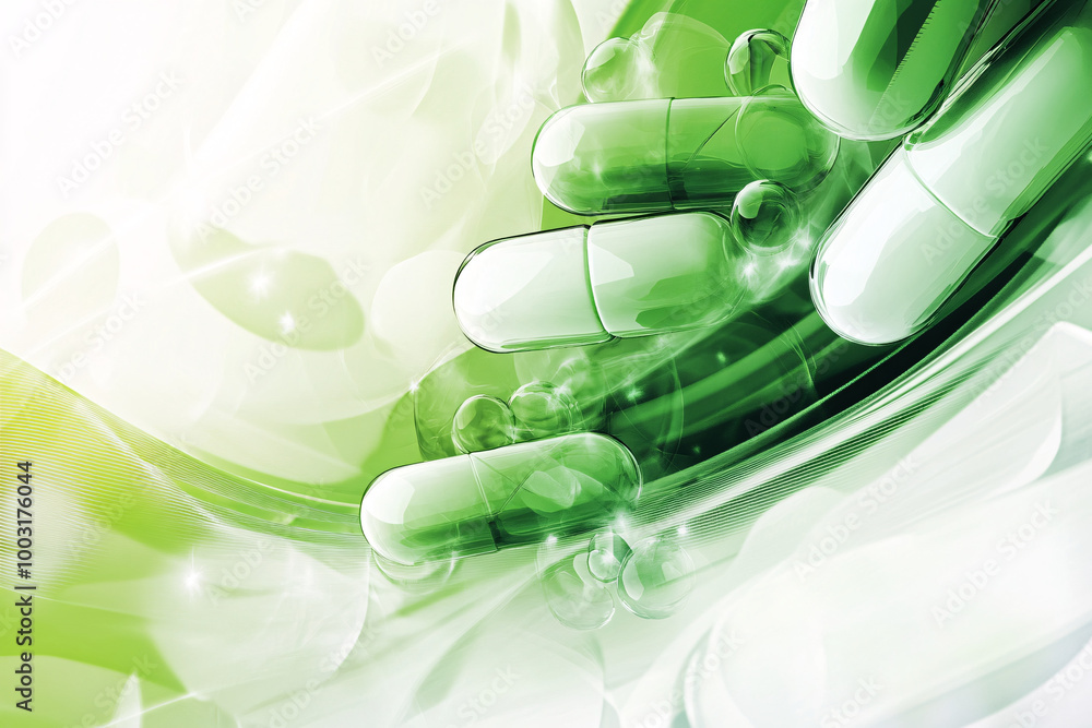 Poster green capsules floating in a futuristic environment with abstract shapes and glowing elements