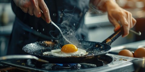 Obraz premium Talented cook crafting a delightful morning meal by frying an egg in a skillet.