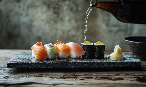 Elegant sushi arrangement with sake pouring on rustic table