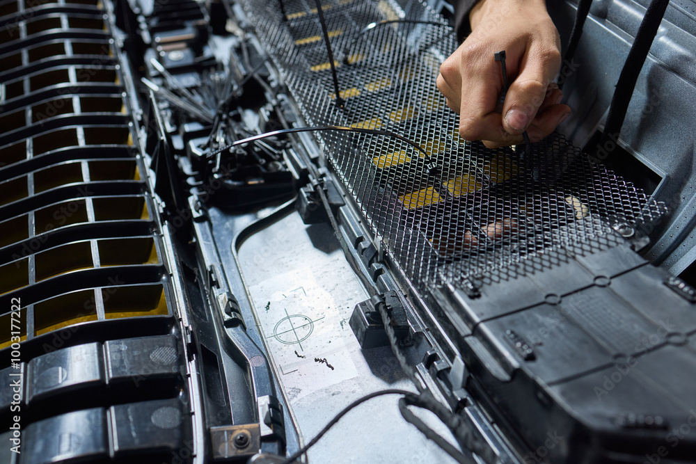 Poster hands skillfully engaged in the complex and detailed process of mechanical assembly work