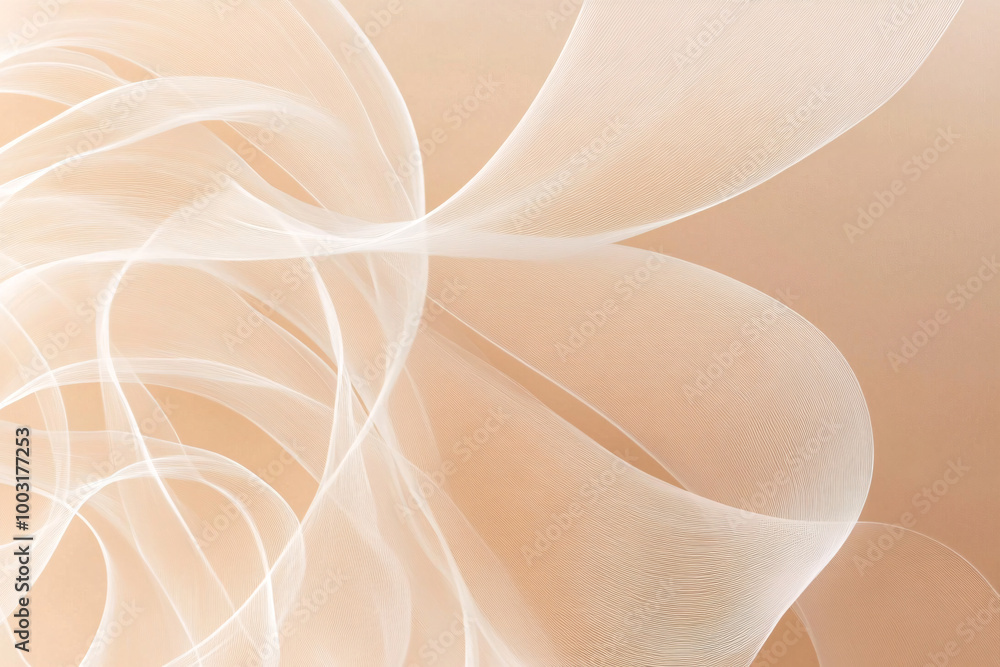 Poster flowing white translucent lines on a soft beige background creating an airy, abstract design