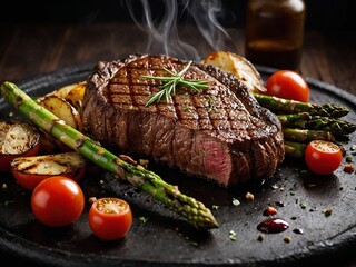Medium-rare grilled steak with asparagus, tomatoes, and herbs on dark background