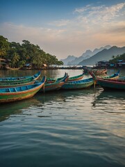 Scenic view of lake surrounded by lush green mountains and forests, with several colorful traditional boats docked in foreground