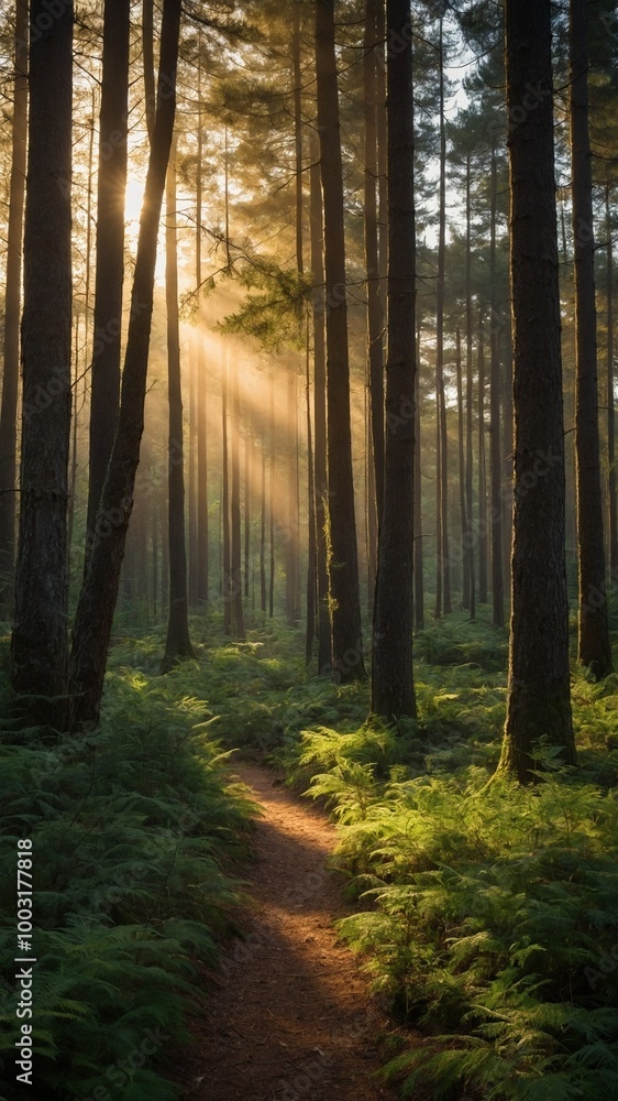 Poster lush, green forest with tall trees and winding dirt path. sunlight streaming through trees, creating