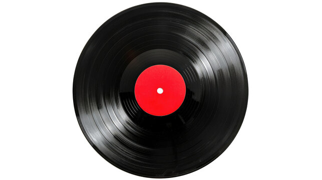 Vinyl vynil record play music vintage. Vinyl record with red label on transparent