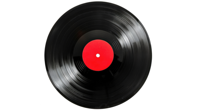 Vinyl vynil record play music vintage. Vinyl record with red label on transparent