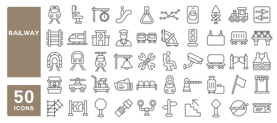Set of 50 line icons related to railway, train, subway, rail, track, tram, tunnel, underground, cargo, Editable stroke. Vector illustration