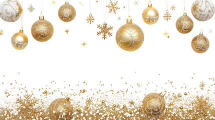 Merry Christmas and Happy New Year banner with hanging gold baubles, confetti and stars. Winter holiday decorations. Place for text