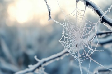 A spider web is frozen in the snow on a tree branch. The spider web is white and delicate, and it is surrounded by a frosty, wintry landscape. Concept of stillness and quietness