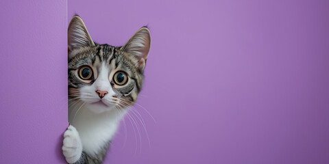 Cute kitten with wide eyes in front of a purple background

