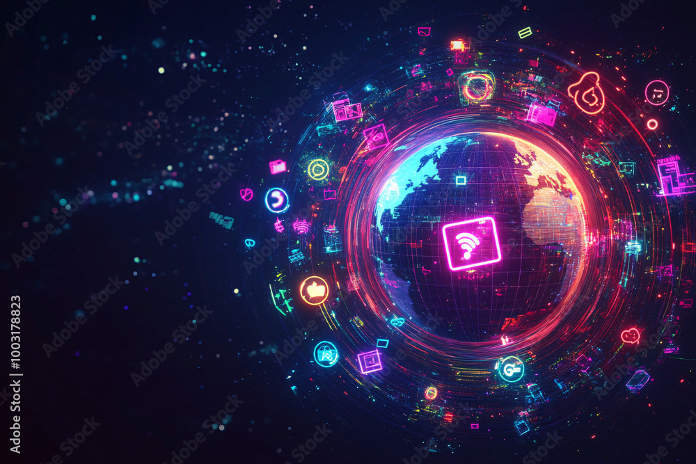 Poster a vibrant digital globe surrounded by colorful glowing icons and abstract digital elements against a