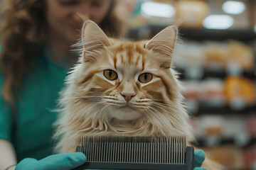 Fluffy ginger cat with intense gaze, sitting in front of camera