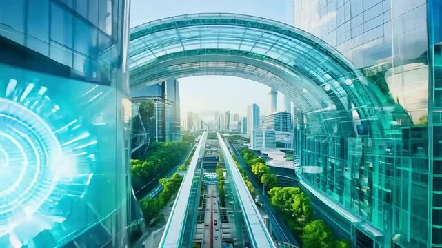 Slow motion montage of a modern elevated train approaching a station showing a digital hologram on a futuristic glass building