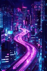Obraz premium A city street with neon lights and a purple bridge. The city is lit up in neon colors, creating a futuristic and vibrant atmosphere