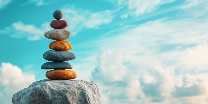 Serene pile stack of balanced stones, symbolizing harmony and tranquility in beautiful natural setting against blue sky with clouds, copy space.
