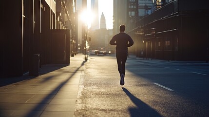 Man taking a morning jog through the city streets, fitness and urban lifestyle, early morning light, empty sidewalks.