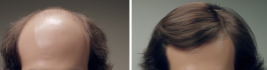 Fototapeta premium A striking transformation showcasing hair restoration with a focus on thinning hair versus a fuller appearance
