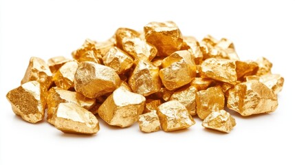 A pile of gold nuggets in various shades on a white background  texture and shine  ideal for themes of wealth luxury and precious metal investment.