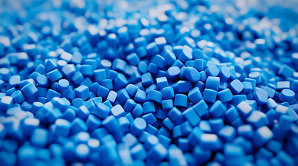 Closeup of blue plastic polypropylene granules, masterbatch polymer grain with shallow dof. HDPE or PVC resin pellets. 3d render illustration