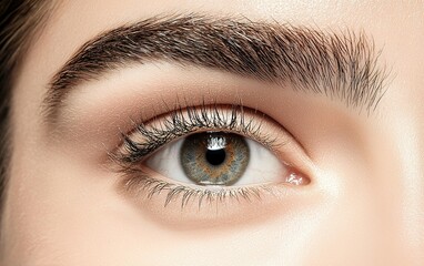 Obraz premium A close-up view of a captivating human eye showcasing intricate details of iris, lashes, and brows in serene soft lighting