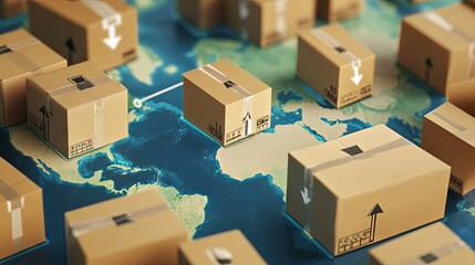 Illustration of a global distribution network featuring cardboard boxes and a directional symbol, signifying international logistics.